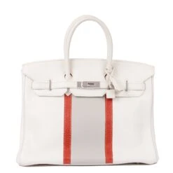 Xupes Hermes Blanc, Gris Perle Clemence Leather & Sanguine Niloticus Lizard Leather Club Birkin 35cm Retourne Tote