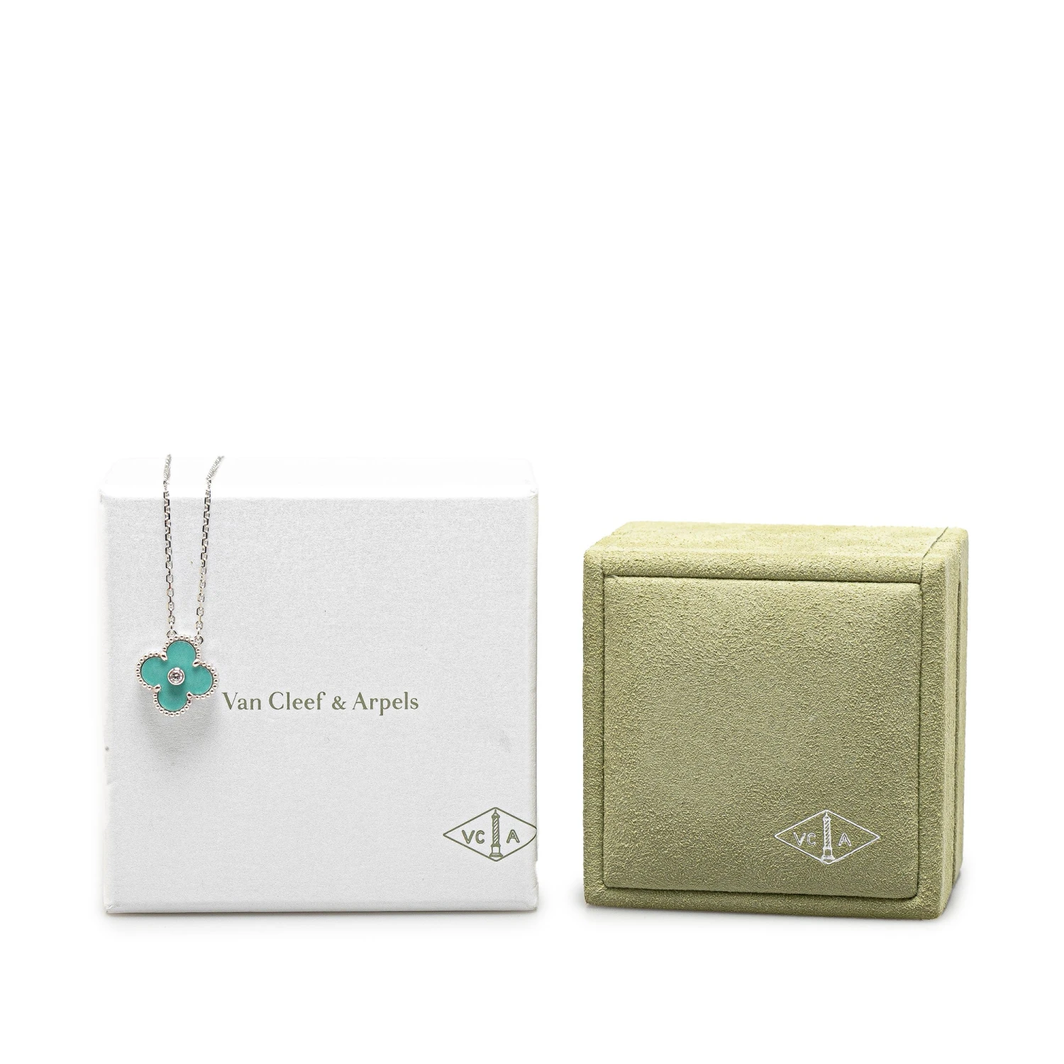 Upteam Van Cleef And Arpels Holiday 18K White Gold Diamond With Celadon Alhambra Pendant Necklace 9 Upteam Van Cleef And Arpels Holiday 18K White Gold Diamond With Celadon Alhambra Pendant Necklace - Image 7