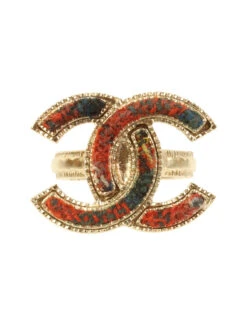 QOO Vintage CHANEL 2013 Made Tweed Cc Mark Ring Gold/Red