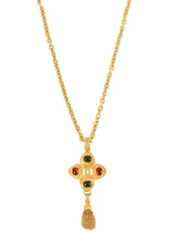 QOO Vintage CHANEL 1994 Gripoix Stone Cc Mark Necklace Red/Green