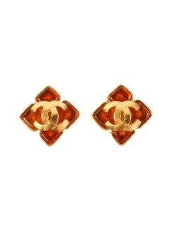 QOO Vintage CHANEL 1995 Made Gripoix Clover Motif Cc Mark Earrings Gold/Brown