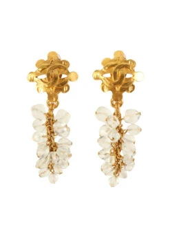 QOO Vintage CHANEL 1994 Made Design Cc Mark Swing Stone Earrings Gold/Clear