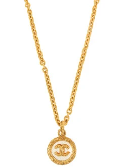 QOO Vintage CHANEL 1993 Made Round Cc Mark Plate Long Necklace Gold/Clear