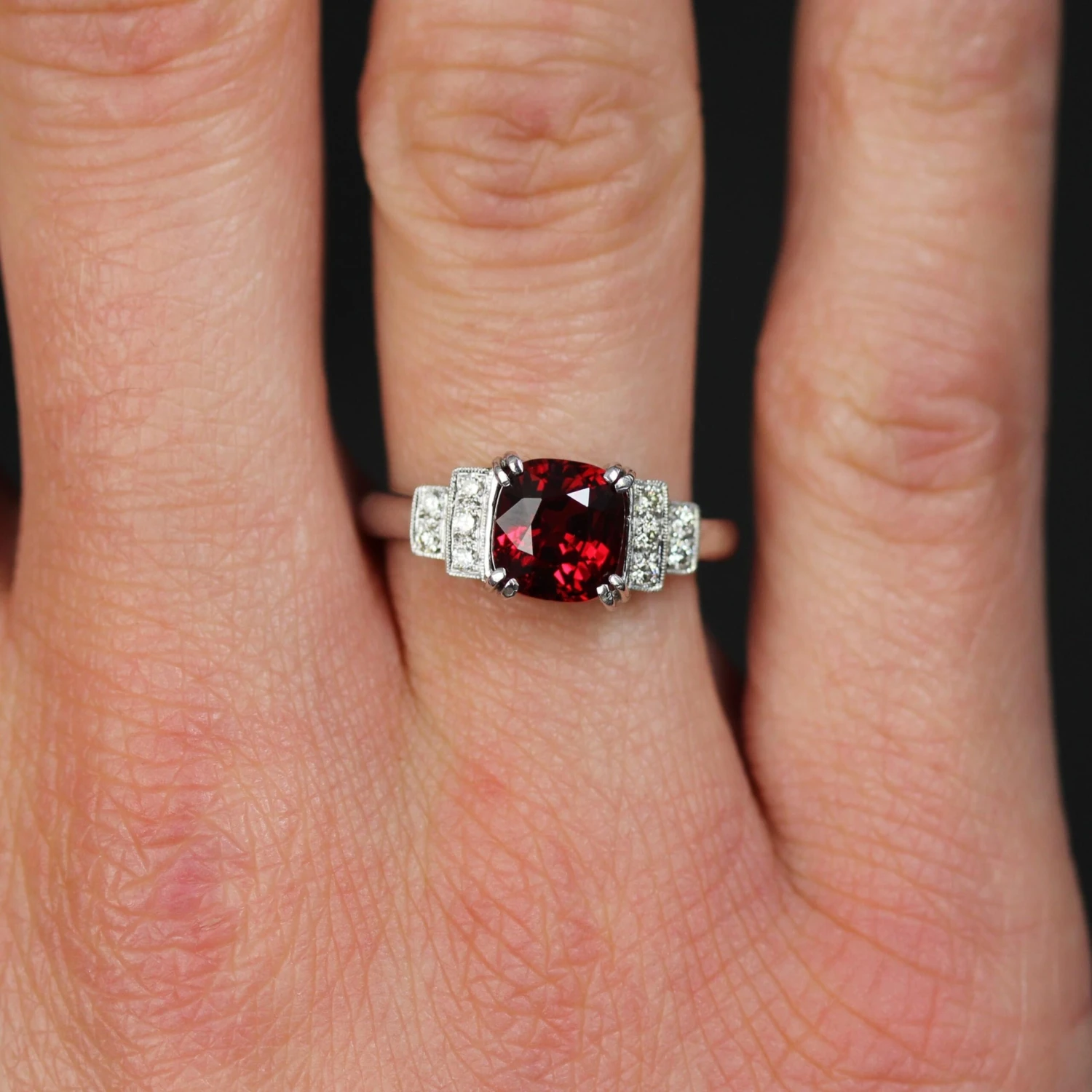 Sarl Baume New Art Deco Style Natural Vivid Red Spinel Diamonds 18 Karat White Gold Ring 8 Sarl Baume New Art Deco Style Natural Vivid Red Spinel Diamonds 18 Karat White Gold Ring - Image 6