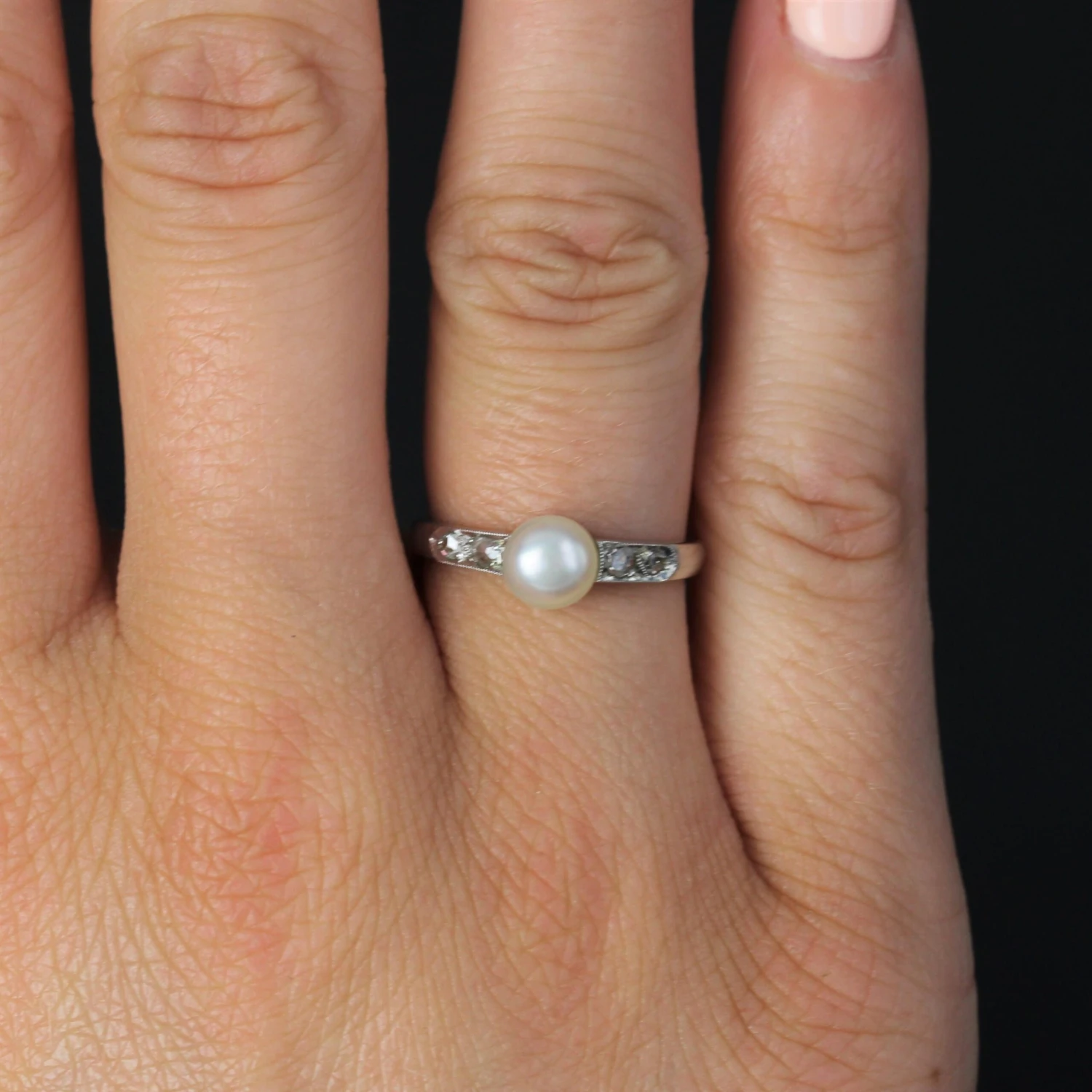 Sarl Baume French 1950s Diamond Cultured Pearl 18 Karat White Gold Ring 13 Sarl Baume French 1950s Diamond Cultured Pearl 18 Karat White Gold Ring - Image 11