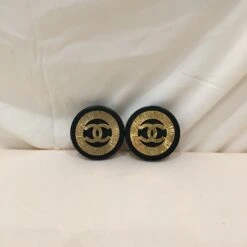 Luxcellent Chanel Black Gold CC Round Clip On Earrings Sku# 72553