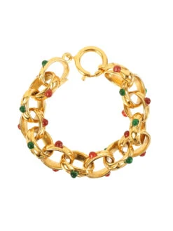 QOO Vintage CHANEL Gripoix Chain Bracelet Gold/Green/Red