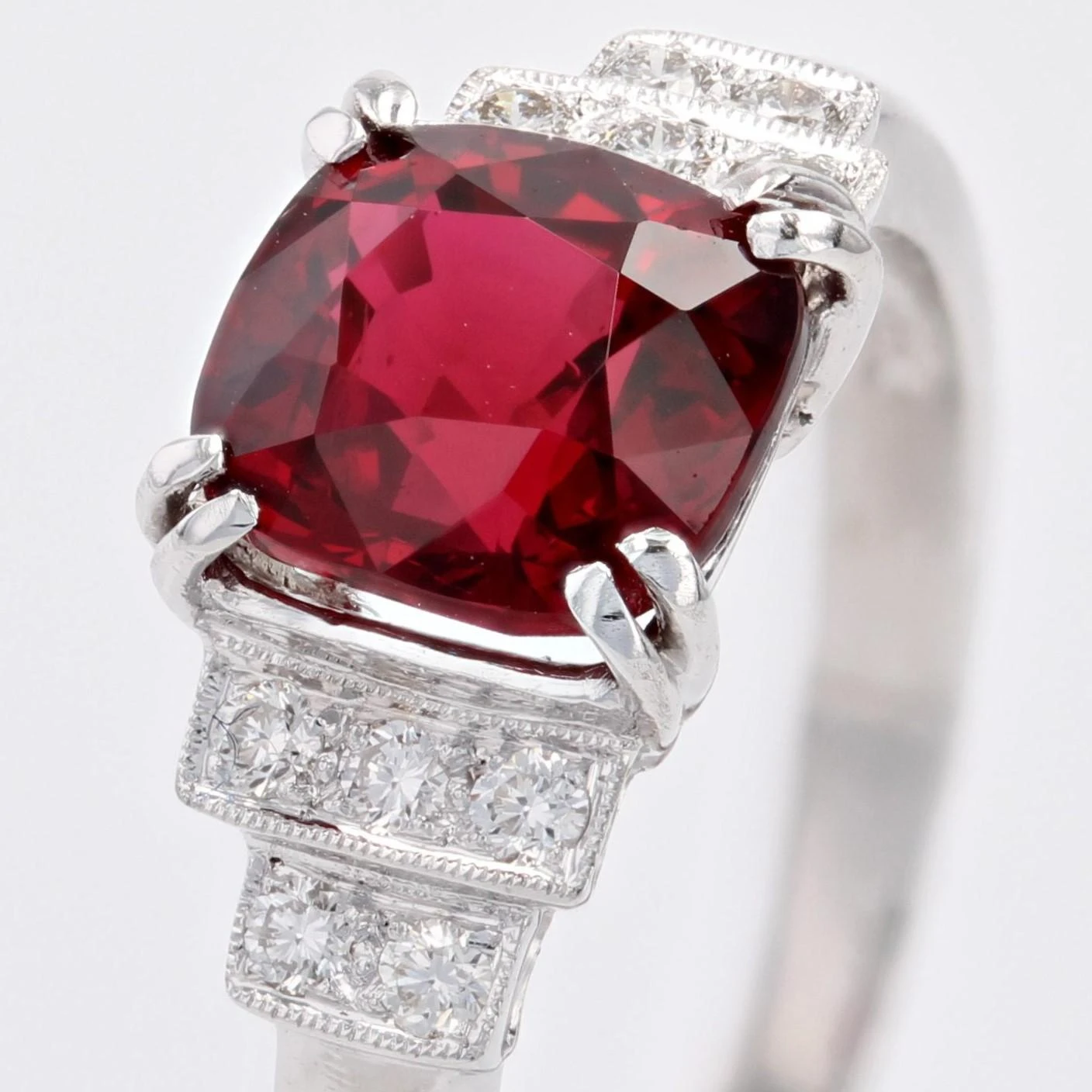 Sarl Baume New Art Deco Style Natural Vivid Red Spinel Diamonds 18 Karat White Gold Ring 11 Sarl Baume New Art Deco Style Natural Vivid Red Spinel Diamonds 18 Karat White Gold Ring - Image 9