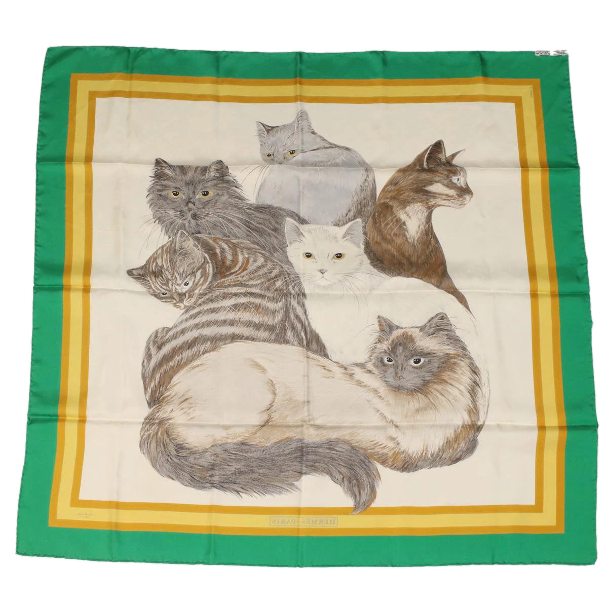 Style Tribute Hermes Carre 90 Les Chats Scarf Green White Yellow Auth Am3480 12 Style Tribute Hermes Carre 90 Les Chats Scarf Green White Yellow Auth Am3480 - Image 10