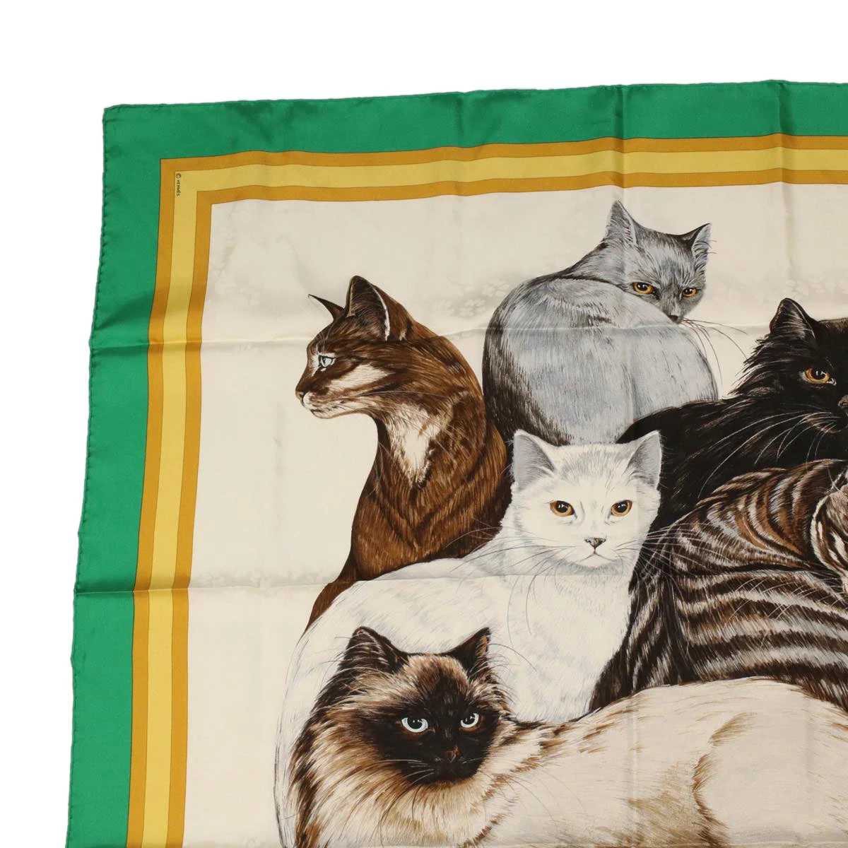 Style Tribute Hermes Carre 90 Les Chats Scarf Green White Yellow Auth Am3480 4 Style Tribute Hermes Carre 90 Les Chats Scarf Green White Yellow Auth Am3480 - Image 2