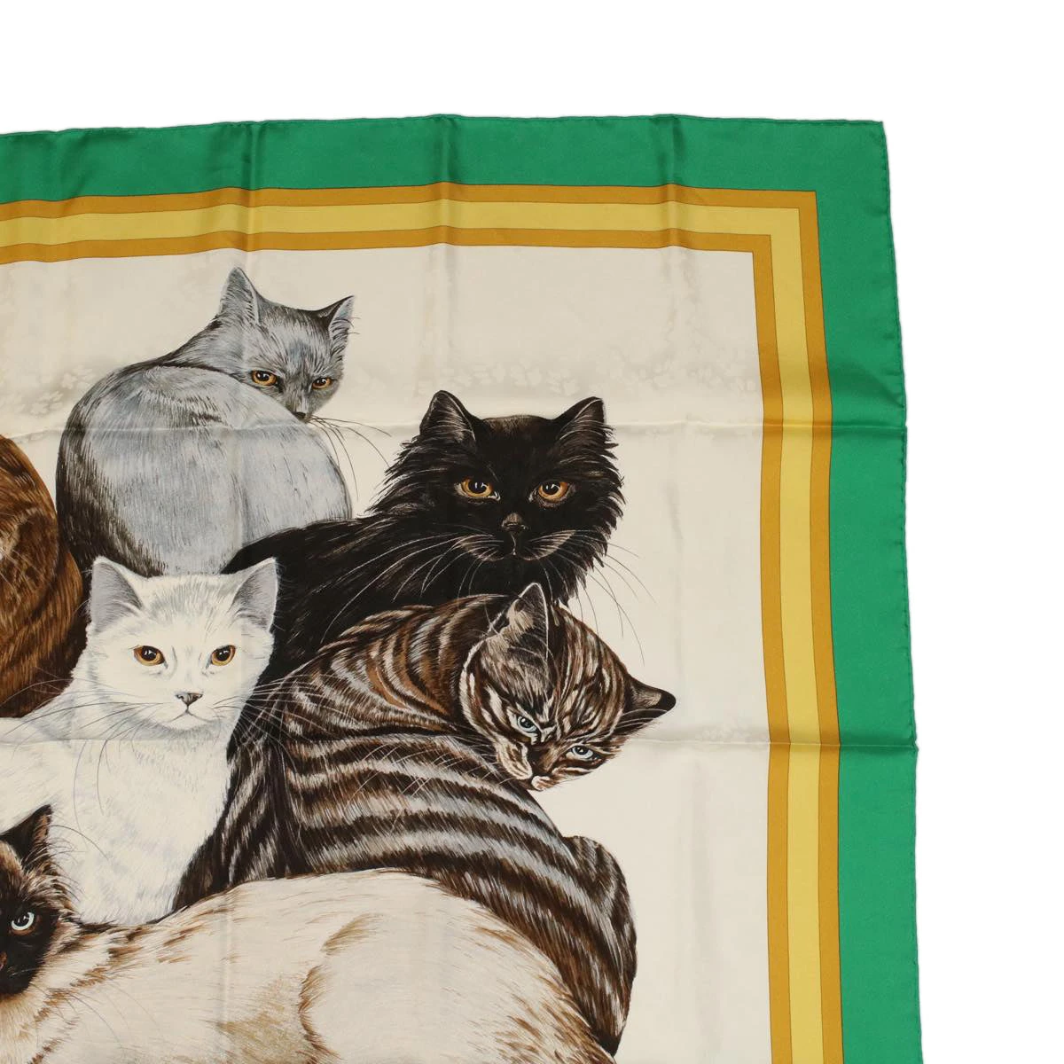Style Tribute Hermes Carre 90 Les Chats Scarf Green White Yellow Auth Am3480 5 Style Tribute Hermes Carre 90 Les Chats Scarf Green White Yellow Auth Am3480 - Image 3