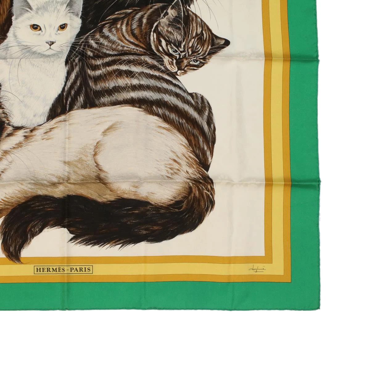 Style Tribute Hermes Carre 90 Les Chats Scarf Green White Yellow Auth Am3480 6 Style Tribute Hermes Carre 90 Les Chats Scarf Green White Yellow Auth Am3480 - Image 4