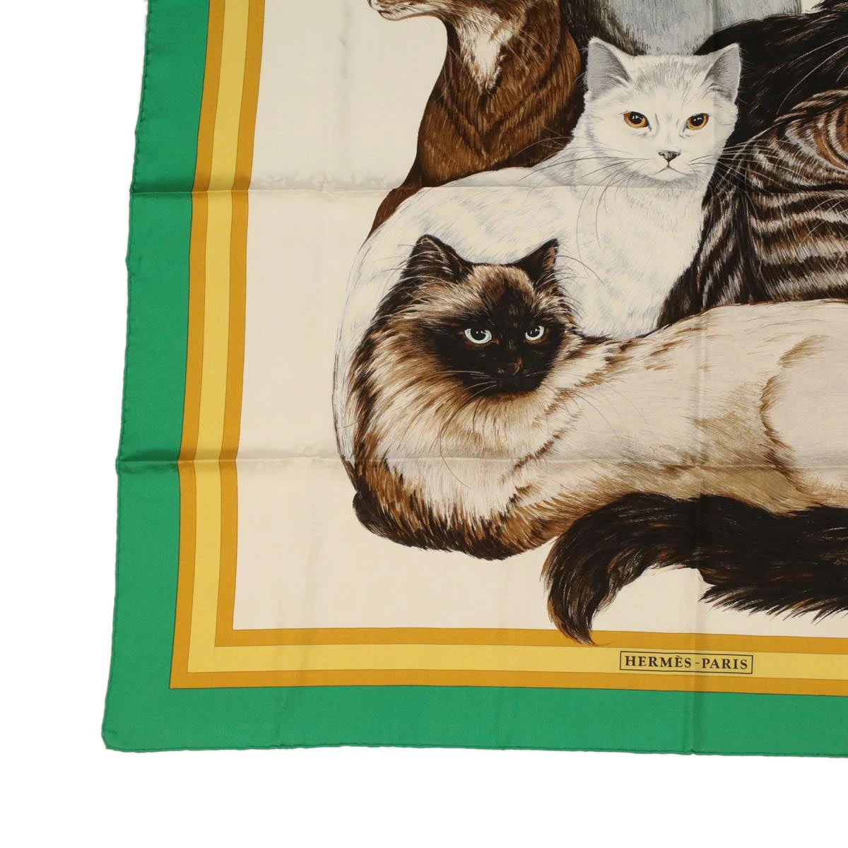 Style Tribute Hermes Carre 90 Les Chats Scarf Green White Yellow Auth Am3480 7 Style Tribute Hermes Carre 90 Les Chats Scarf Green White Yellow Auth Am3480 - Image 5