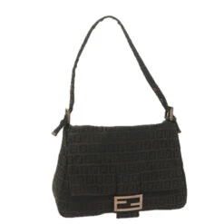 Brand Street FENDI Zucchino Canvas Mamma Baguette Shoulder Bag Dark Brown Auth Ep2515