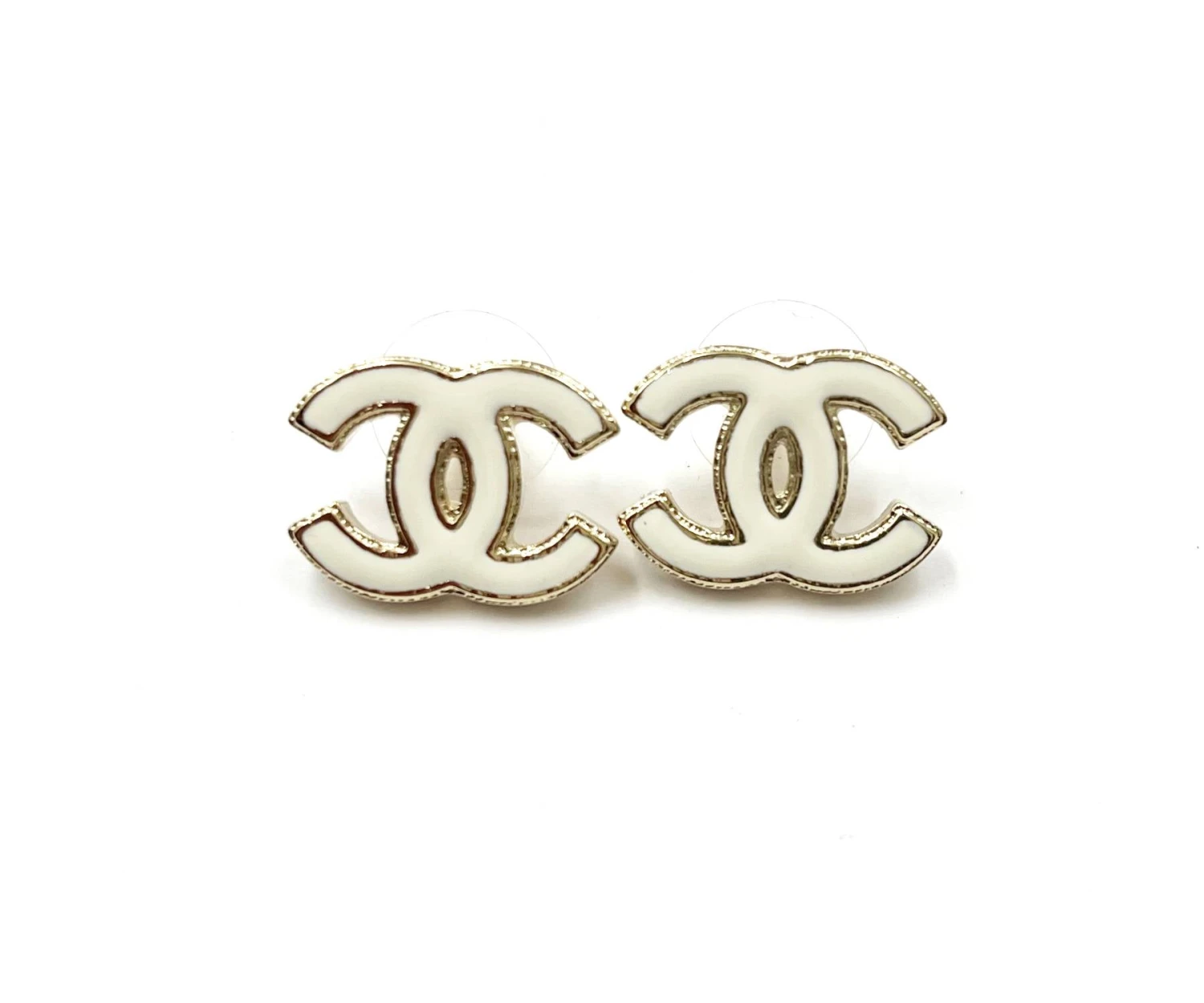 Lar Vintage CHANEL Brand New Gold CC White Enamel Reissued Piercing Earrings 3 Lar Vintage CHANEL Brand New Gold CC White Enamel Reissued Piercing Earrings