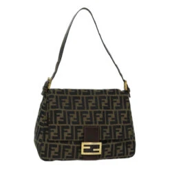 Brand Street FENDI Zucca Canvas Mamma Baguette Shoulder Bag Black Brown Auth Hk1297