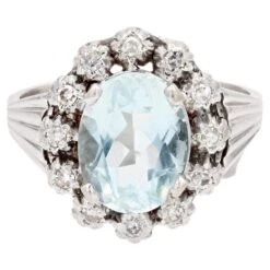 Sarl Baume French 1950s Aquamarine Diamonds 18 Karat White Gold Ring