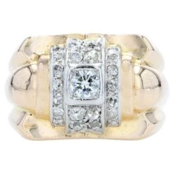 Sarl Baume 1940s Diamonds 18 Karat Yellow Gold Tank Signet Ring