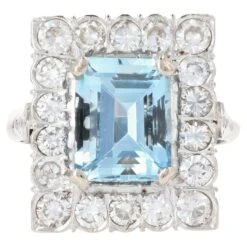 Sarl Baume 1960s 2.56 Carats Aquamarine Diamond 18 Karat White Gold Rectangular Shape Ring