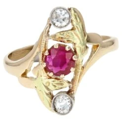 Sarl Baume Art Nouveau Ruby Diamonds 18 Karat Yellow Gold Ring