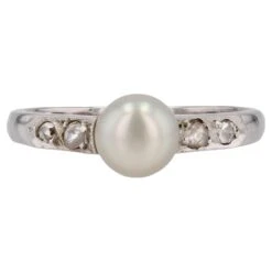Sarl Baume French 1950s Diamond Cultured Pearl 18 Karat White Gold Ring
