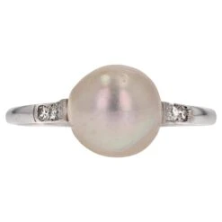Sarl Baume 1930s Cultured Pearl Diamonds 18 Karat White Gold Art Deco Ring