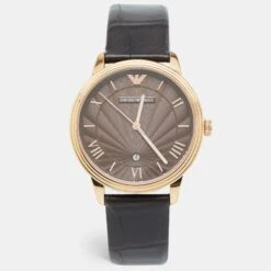 The Luxury Closet EMPORIO ARMANI Brown Gold PVD Coated Stainless Steel Embossed Leather Classic AR1613 Men's Wristwatch 41 Mm