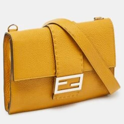 The Luxury Closet FENDI Yellow Selleria Leather Flat Baguette Messenger Bag -Best Jewelry Store luxury men fendi new bags p994189 009