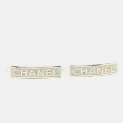 The Luxury Closet CHANEL Logo Crytsals Gold Tone Hair Clips