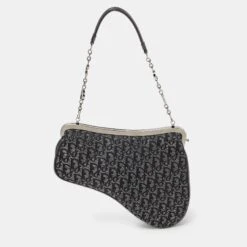 The Luxury Closet DIOR Metallic/Grey Lurex Fabric And Leather Vintage Saddle Frame Pochette -Best Jewelry Store luxury women dior used handbags p991718 002