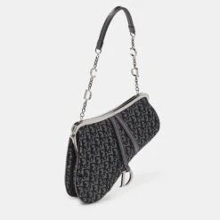 The Luxury Closet DIOR Metallic/Grey Lurex Fabric And Leather Vintage Saddle Frame Pochette -Best Jewelry Store luxury women dior used handbags p991718 012