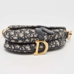 The Luxury Closet DIOR Navy Blue Oblique Canvas And Leather Mini Saddle Bag -Best Jewelry Store luxury women dior used handbags p998981 004