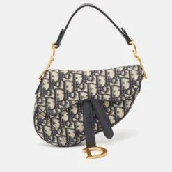 The Luxury Closet DIOR Navy Blue Oblique Canvas And Leather Mini Saddle Bag