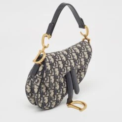 The Luxury Closet DIOR Navy Blue Oblique Canvas And Leather Mini Saddle Bag -Best Jewelry Store luxury women dior used handbags p998981 013