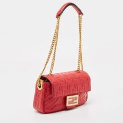 The Luxury Closet FENDI Red FF Embossed Leather Midi Chain Baguette Bag -Best Jewelry Store luxury women fendi new handbags p910060 003