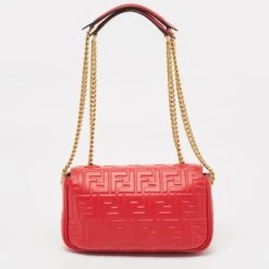 The Luxury Closet FENDI Red FF Embossed Leather Midi Chain Baguette Bag -Best Jewelry Store luxury women fendi new handbags p910060 004