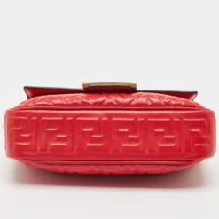 The Luxury Closet FENDI Red FF Embossed Leather Midi Chain Baguette Bag -Best Jewelry Store luxury women fendi new handbags p910060 005