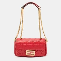The Luxury Closet FENDI Red FF Embossed Leather Midi Chain Baguette Bag