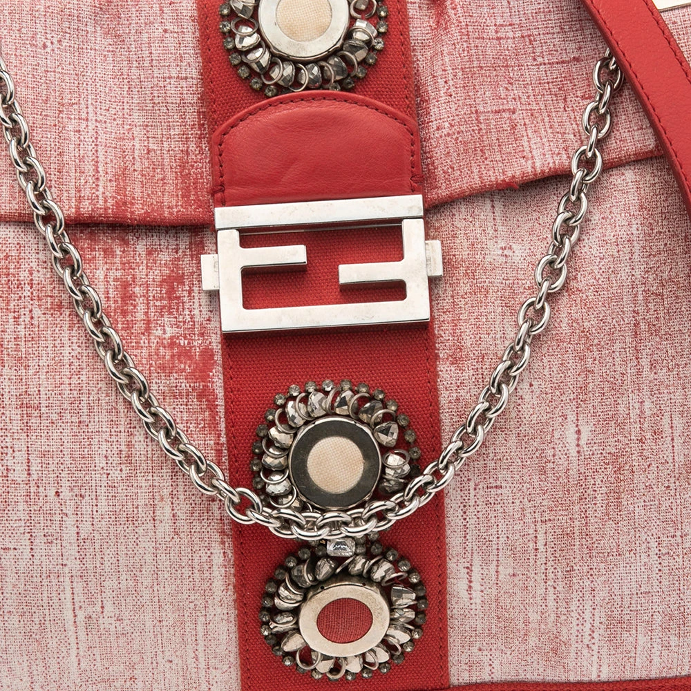 The Luxury Closet Fendi Red/White Canvas And Leather Maxi Baguette Embellished Shoulder Bag 7 The Luxury Closet Fendi Red/White Canvas And Leather Maxi Baguette Embellished Shoulder Bag - Image 5