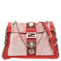 The Luxury Closet Fendi Red/White Canvas And Leather Maxi Baguette Embellished Shoulder Bag