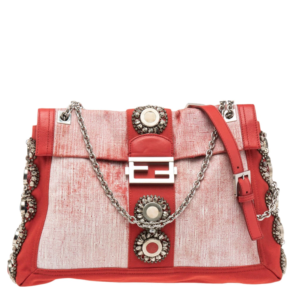 The Luxury Closet Fendi Red/White Canvas And Leather Maxi Baguette Embellished Shoulder Bag 3 The Luxury Closet Fendi Red/White Canvas And Leather Maxi Baguette Embellished Shoulder Bag