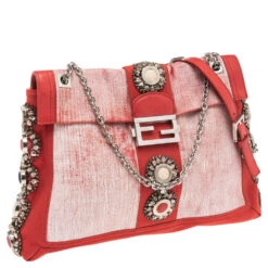 The Luxury Closet Fendi Red/White Canvas And Leather Maxi Baguette Embellished Shoulder Bag 12 The Luxury Closet Fendi Red/White Canvas And Leather Maxi Baguette Embellished Shoulder Bag -Best Jewelry Store luxury women fendi used handbags p560694 011
