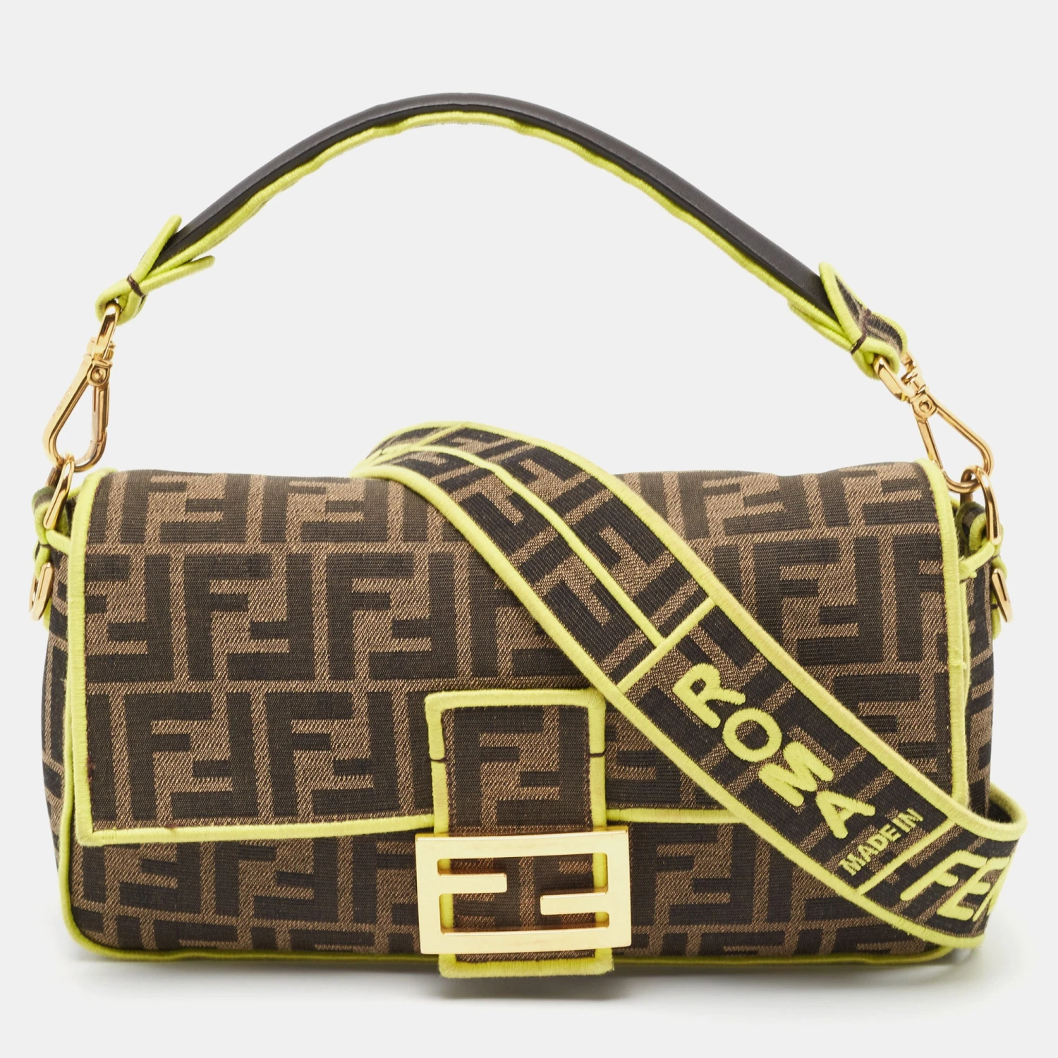 The Luxury Closet FENDI Neon Green/Tobacco Zucca Canvas Baguette Shoulder Bag 3 The Luxury Closet FENDI Neon Green/Tobacco Zucca Canvas Baguette Shoulder Bag