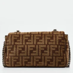 The Luxury Closet FENDI Beige/Brown Zucca Velvet And Leather Midi Chain Baguette Bag -Best Jewelry Store luxury women fendi used handbags p969549 013