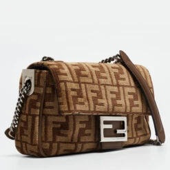 The Luxury Closet FENDI Beige/Brown Zucca Velvet And Leather Midi Chain Baguette Bag -Best Jewelry Store luxury women fendi used handbags p969549 014