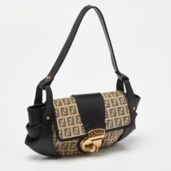 The Luxury Closet FENDI Beige/Black Zucchino Canvas And Leather Compilation Baguette Bag -Best Jewelry Store luxury women fendi used handbags p988383 002