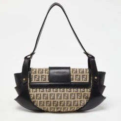 The Luxury Closet FENDI Beige/Black Zucchino Canvas And Leather Compilation Baguette Bag -Best Jewelry Store luxury women fendi used handbags p988383 003
