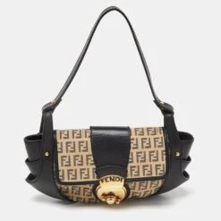 The Luxury Closet FENDI Beige/Black Zucchino Canvas And Leather Compilation Baguette Bag
