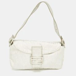 The Luxury Closet FENDI Silver/White Zucchino Canvas And Leather Forever Baguette Bag
