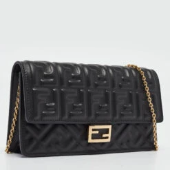 The Luxury Closet FENDI Black Zucca Embossed Leather Baguette Wallet On Chain -Best Jewelry Store luxury women fendi used handbags p991405 002